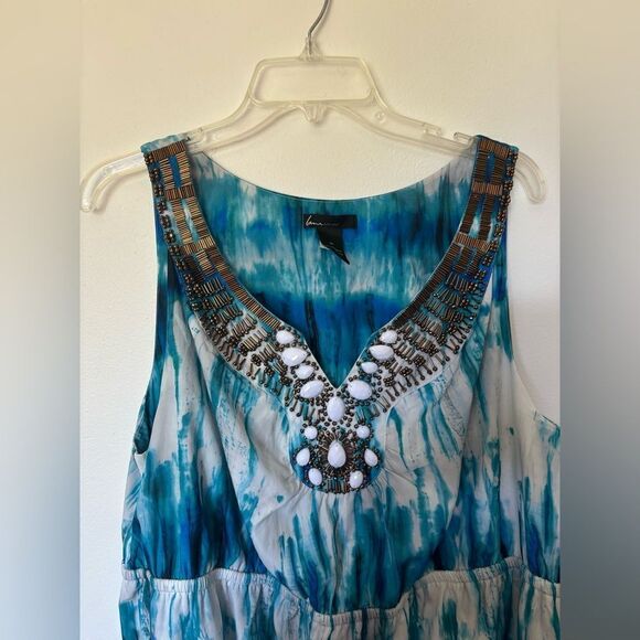 Lane Bryant plus size sleeveless beaded detail long blue print dress size 20 - Picture 4 of 9